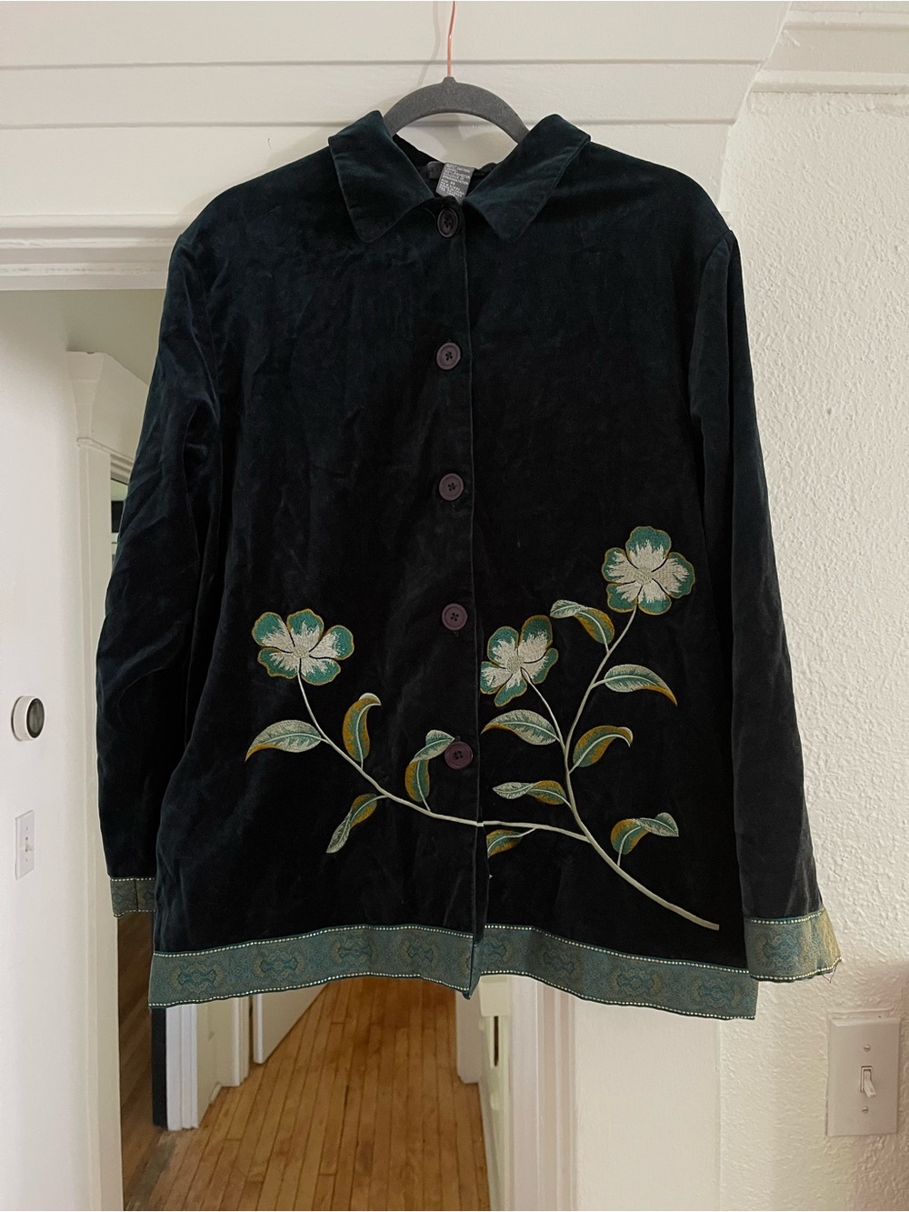 Darker green Velvet Button-Up Jacket with Floral Embroidery